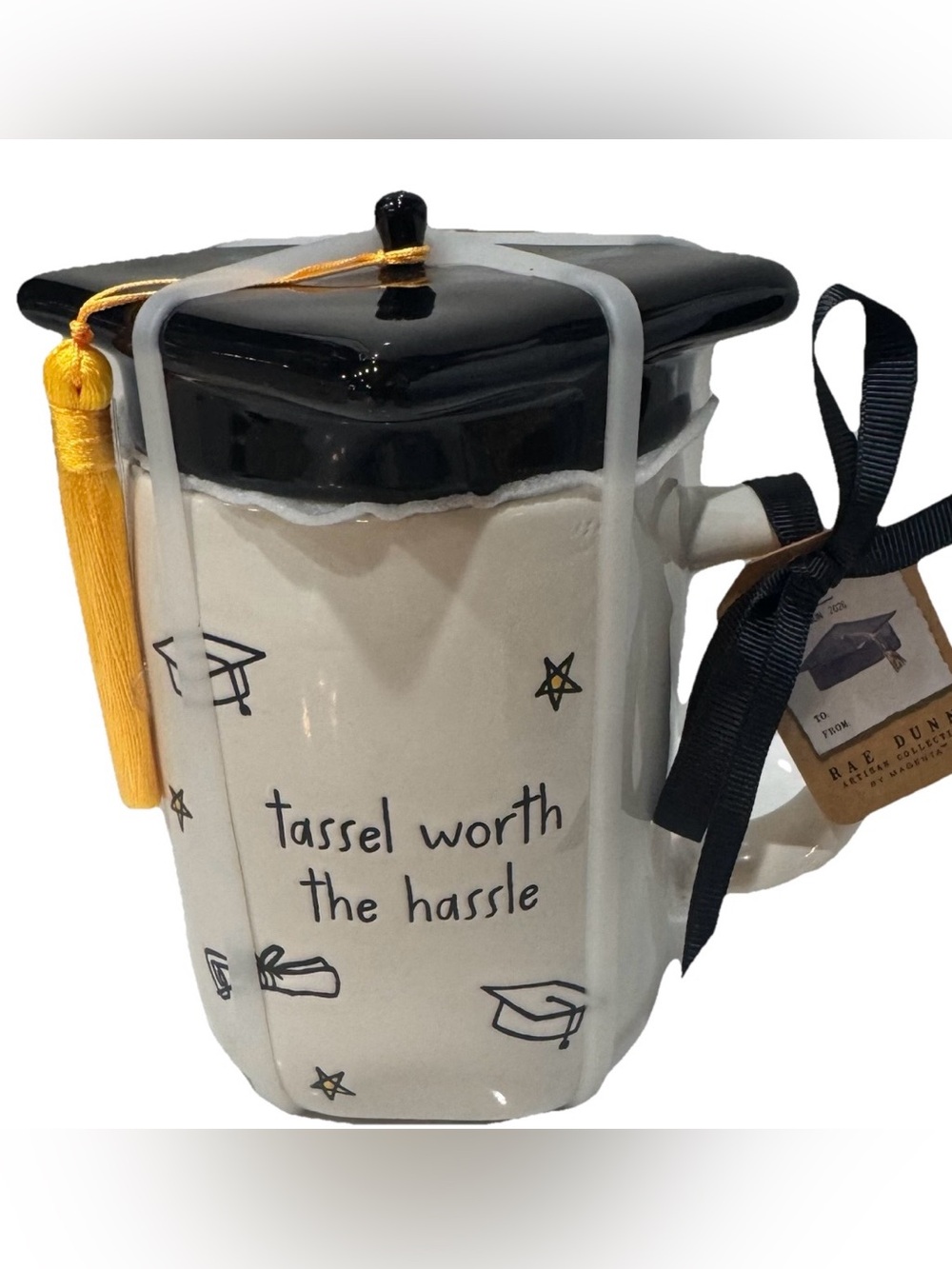 Rae Dunn Graduation Coffee Mug w/Cap /Tassel Topper “A Tassel Worth the Hassel”